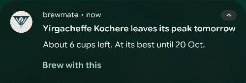 Notification: Yirgacheffe Kochere leaves its peak tomorrow. About 6 cups left. At its best until 20 Oct. Brew with this.