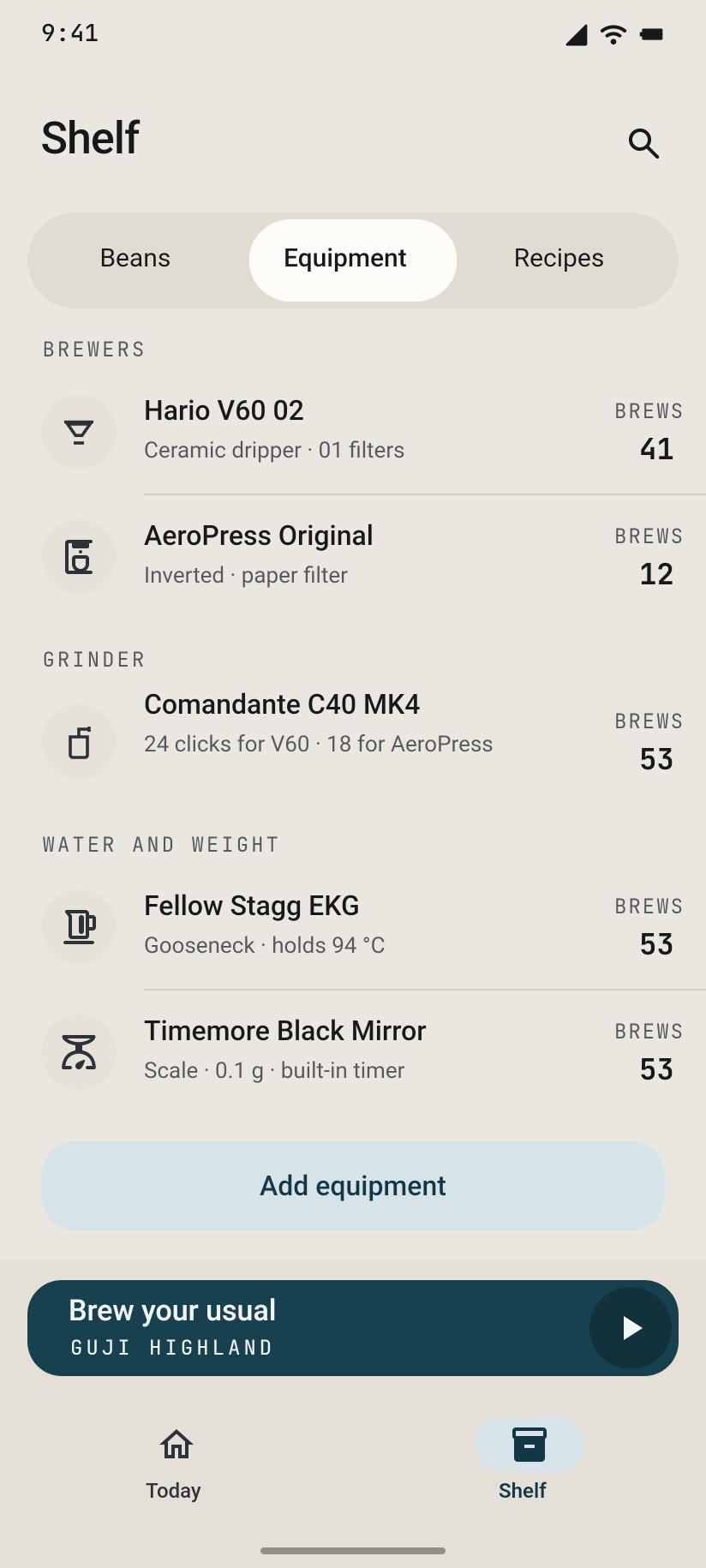 Equipment: brewers, grinder with clicks per brewer, kettle and scale