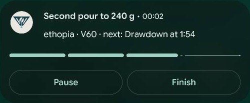 Live brew notification: Second pour to 240 g, 2 seconds left, next: drawdown at 1:54, with a segmented progress bar and Pause and Finish buttons