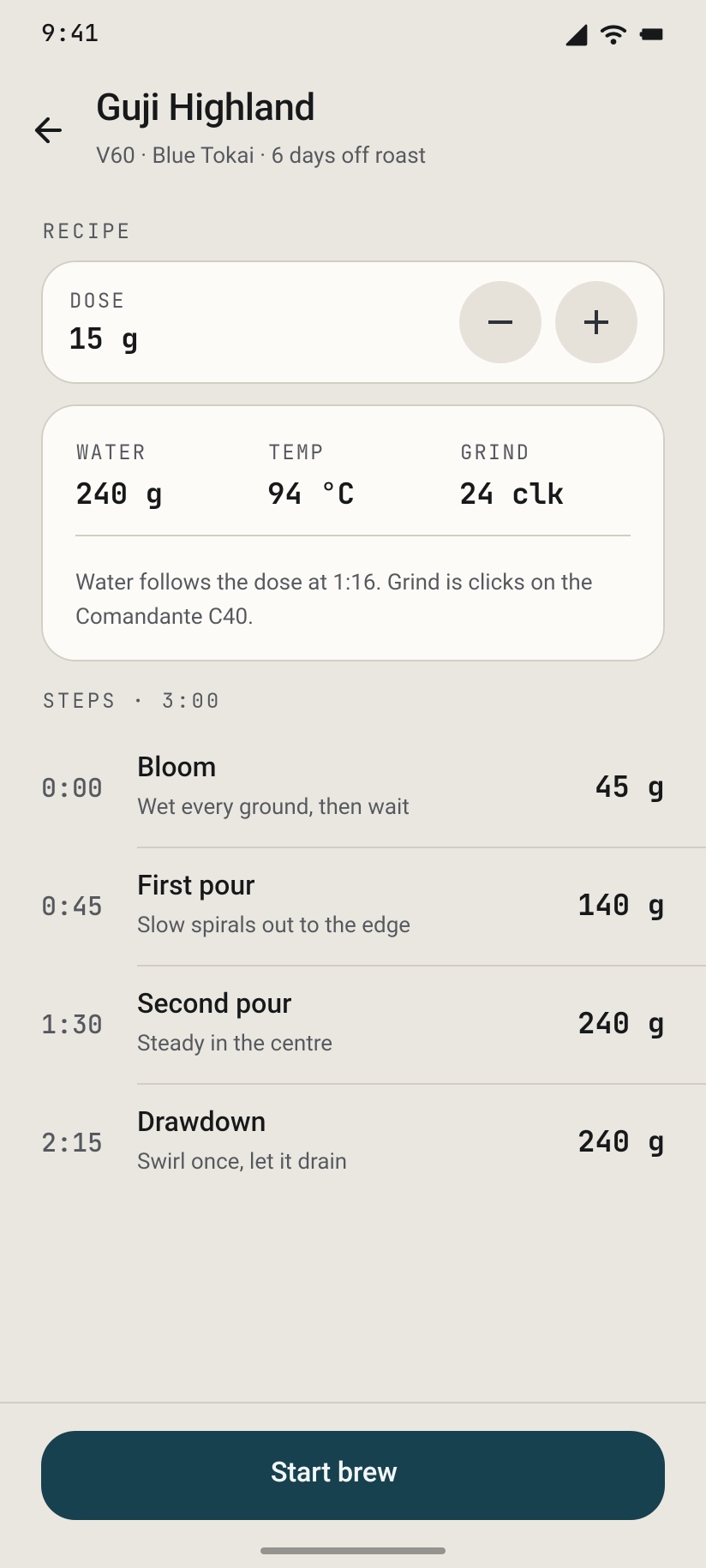 Plan check: dose stepper, water, temperature, grind in clicks, and every step before Start brew