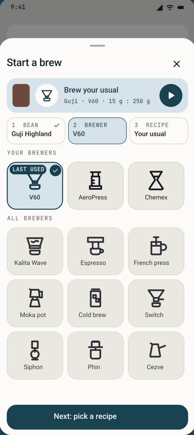 Start a brew: pick a bean, a brewer and a recipe