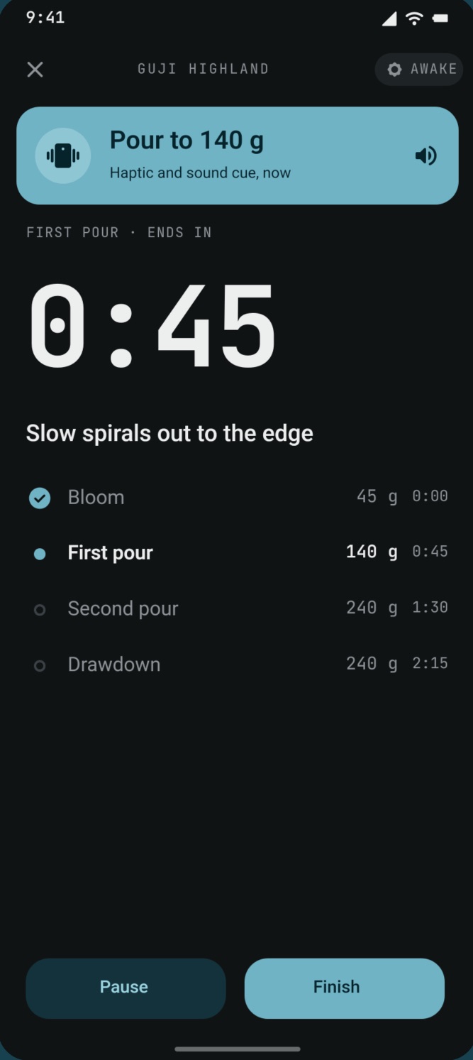 Brew timer: pour to 140 grams, 0:45 into the first pour